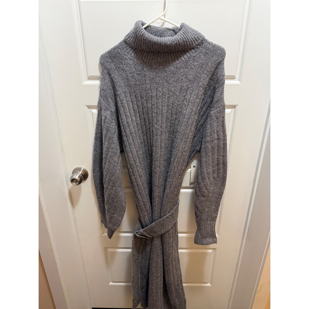 Anthropologie Grey Ribbed‎ Turtleneck Sweater Dress Belted Midi Size M